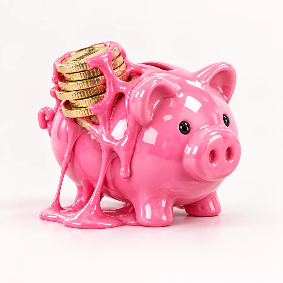 A piggy bank made of pink bubblegum with gold coins stuck to it